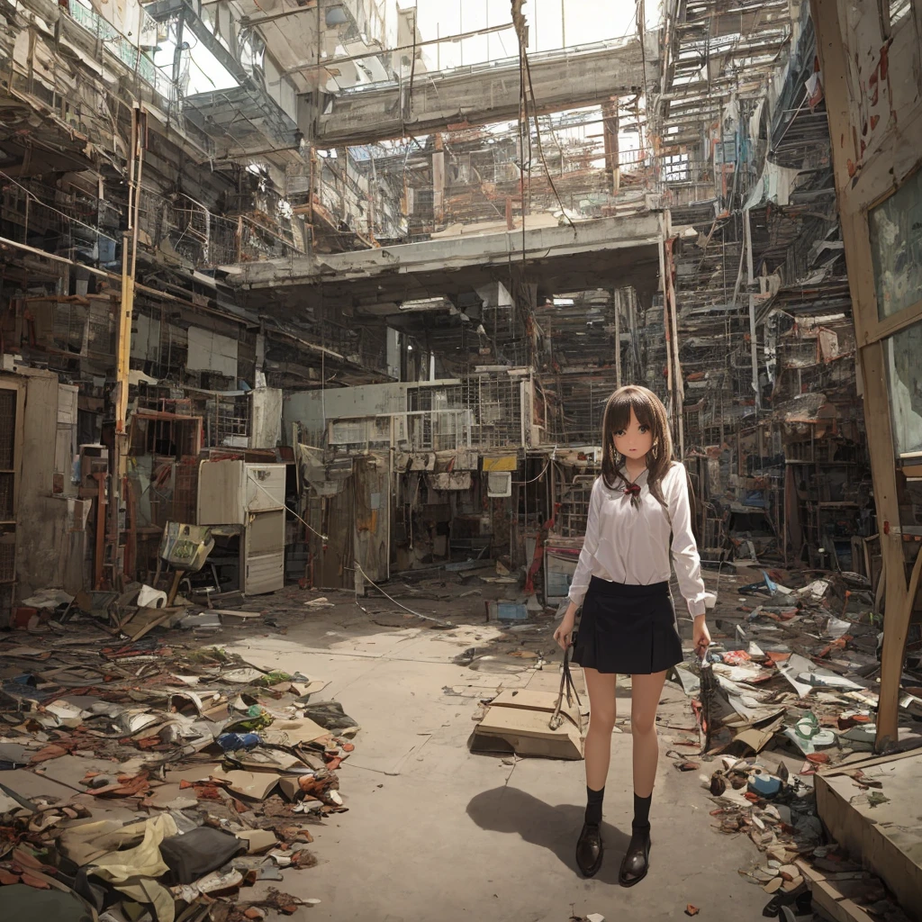 Girl captured by tentacles in abandoned factory　Tentacles in a skirt　Pants fabric texture　