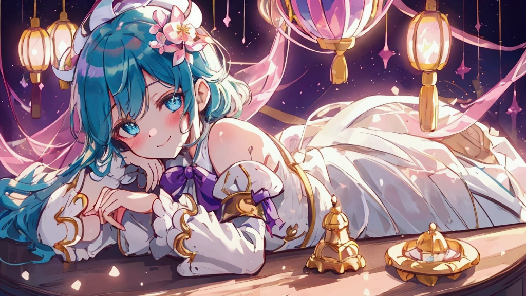 (Table Top:1.3), (Best Quality:1.3), High Definition, Coo boy shot, Behind, Sleeping, (Cute girl:1.3), Alone, White skin, Small breasts, Big smile, Eight headed person, Blue-green hair, (Beaver:1.2),Short hair, (Dull bangs:1.2), Beautiful hair, Beautiful details eyes, super detailed eyes, sparkling eyes, iridescent aura around eyes, blue-green eyes, absorbing fine eyes, blush, heart mark, outdoors, purple background, gorgeous bedding, best picture quality, octane, shadow lighting, teacher, wearing white dress, white leggings, discerning detail, detailed eyes, purple bow tie, golden crown floating on her head, Chinese universe in background
