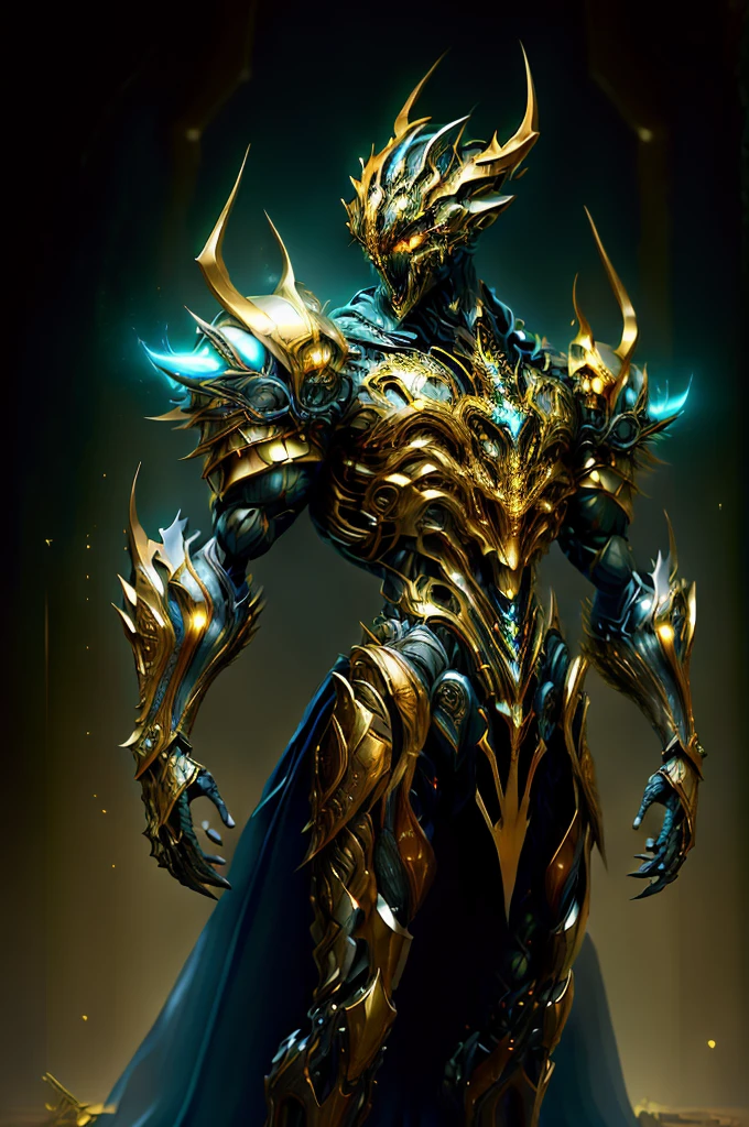 (masterpiece:1.2), best quality, high resolution, unity 8k wallpaper, (illustration:1.0), beautiful detailed, extremely detailed, perfect lighting, extremely detailed CG,glowing eyes,backlighting,armor, fake_horns, glowing, full_armor,warframe,humanoid_robot,horns, helmet,mask,sample_background,
looking at the viewer,solo,perspective, full body, dark magic, dazzling energy, voild, eyes of sky very noble, dragon concept armor, pillar of light, wearing a platinum robe, machanical hand, negative energy, sliver armor(the colour is gold), Embedded with blue gems, metallic, real texture material, prefect body proporions, golden ratio, symmetrical face, hero