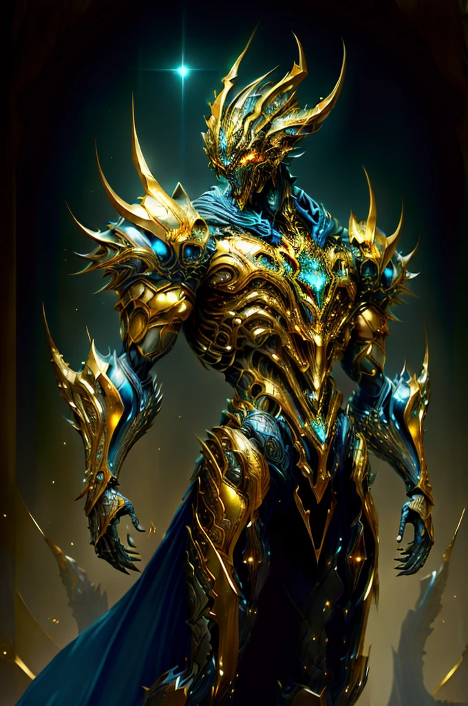 (masterpiece:1.2), best quality, high resolution, unity 8k wallpaper, (illustration:1.0), beautiful detailed, extremely detailed, perfect lighting, extremely detailed CG,glowing eyes,backlighting,armor, fake_horns, glowing, full_armor,warframe,humanoid_robot,horns, helmet,mask,sample_background,
looking at the viewer,solo,perspective,  full body, dark magic, dazzling energy, voild, eyes of sky very noble, dragon concept armor, pillar of light, wearing a platinum robe, machanical hand, negative energy, sliver armor(the colour is gold), Embedded with blue gems, metallic, real texture material, prefect body proporions, golden ratio, symmetrical face, hero