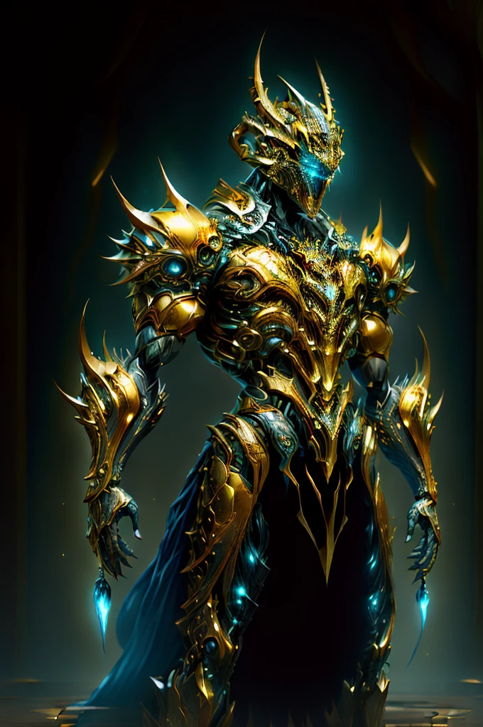 (masterpiece:1.2), best quality, high resolution, unity 8k wallpaper, (illustration:1.0), beautiful detailed, extremely detailed, perfect lighting, extremely detailed CG,glowing eyes,backlighting,armor, fake_horns, glowing, full_armor,warframe,humanoid_robot,horns, helmet,mask,sample_background,
looking at the viewer,solo,perspective, full body, dark magic, dazzling energy, voild, eyes of sky very noble, dragon concept armor, pillar of light, wearing a platinum robe, machanical hand, negative energy, sliver armor(the colour is gold), Embedded with blue gems, metallic, real texture material, prefect body proporions, golden ratio, symmetrical face, hero