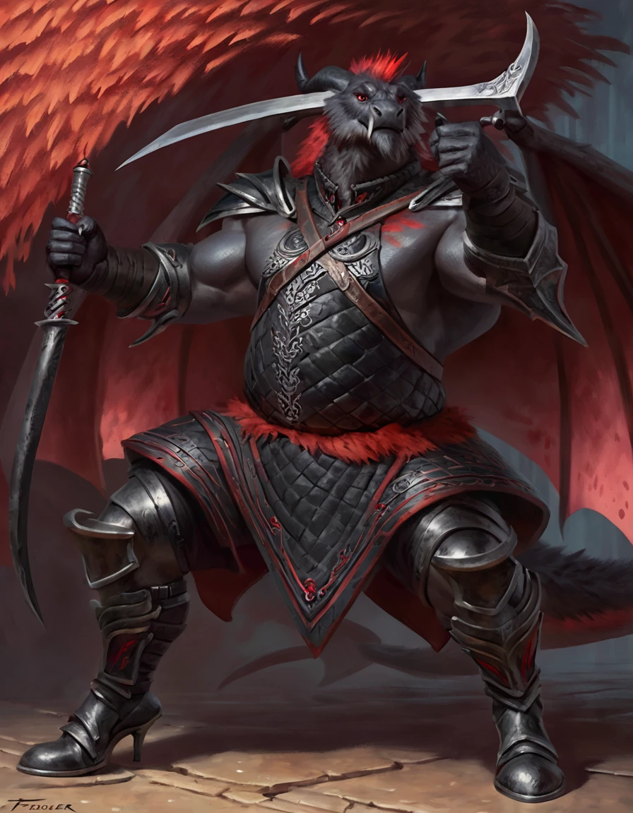 Drawn art Anthropomorphic dragon boasts a "soft beefy" physique. The "soft" aspect of his physique is achieved through a meticulous distribution of muscle and fat that creates a sense of comfort and approachability. skin is a rich, deep black, with a subtle shimmer that hints at his hidden nobility. His eyes are a piercing shade of Imperial red, framed by thick eyebrows that arch over them in a constant state of curiosity. His attire, a black gambeson padded overcoat vestment with striking red salmon accents and intricate silver metal ornaments, is both functional and symbolic. The gambeson, a padded garment, is tailored to allow for a full range of motion, emphasizing his agility despite his size. The armor's design is meticulously crafted, with each detail serving a purpose. The imperial red accents trace the contours of his muscles, highlighting his physical power and determination. The silver metal ornaments are strategically placed to protect vital areas while also enhancing his aesthetic appeal. Leox's fur is predominantly black with salmon red-colored highlights. The fur on his torso and limbs is dense yet well-managed, giving him a sleek and powerful look. His chest hair is kept at a moderate length. Large axe like fangs. Wield a slashing blade in a rapier-like's hilt. Ox guard stance pose. His predominant color is black and he got imperial red details. Anthro Artist Taran Fiddler art Style, olhos detalhados, Olhos lindos, escalas detalhadas.