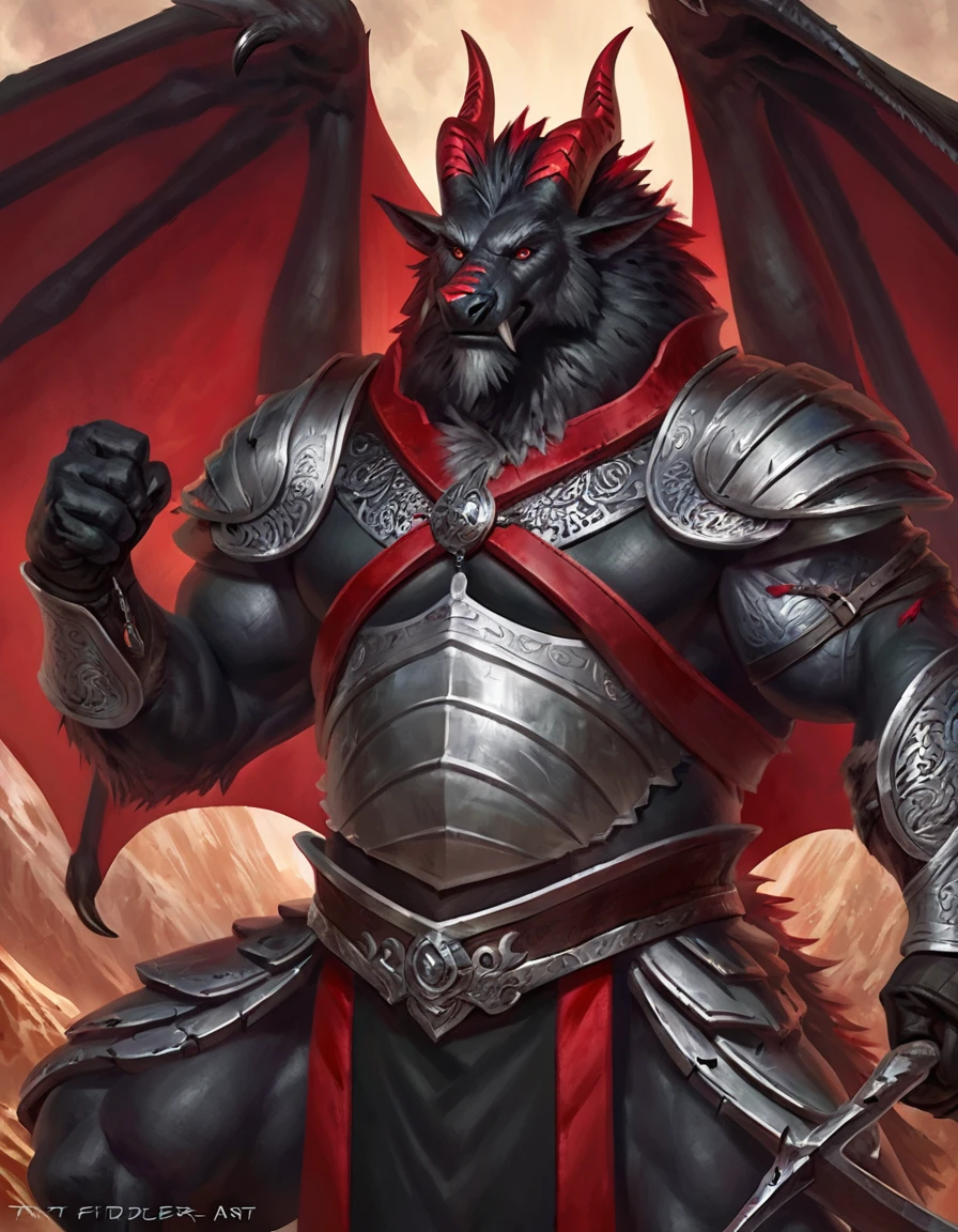 Drawn art Anthropomorphic dragon boasts a "soft beefy" physique. The "soft" aspect of his physique is achieved through a meticulous distribution of muscle and fat that creates a sense of comfort and approachability. skin is a rich, deep black, with a subtle shimmer that hints at his hidden nobility. His eyes are a piercing shade of Imperial red, framed by thick eyebrows that arch over them in a constant state of curiosity. His attire, a black gambeson padded overcoat vestment with striking red salmon accents and intricate silver metal ornaments, is both functional and symbolic. The gambeson, a padded garment, is tailored to allow for a full range of motion, emphasizing his agility despite his size. The armor's design is meticulously crafted, with each detail serving a purpose. The imperial red accents trace the contours of his muscles, highlighting his physical power and determination. The silver metal ornaments are strategically placed to protect vital areas while also enhancing his aesthetic appeal. Leox's fur is predominantly black with salmon red-colored highlights. The fur on his torso and limbs is dense yet well-managed, giving him a sleek and powerful look. His chest hair is kept at a moderate length. Large axe like fangs. Wield a slashing blade in a rapier-like's hilt. Ox guard stance pose. His predominant color is black and he got imperial red details. Anthro Artist Taran Fiddler art Style, olhos detalhados, Olhos lindos, escalas detalhadas.