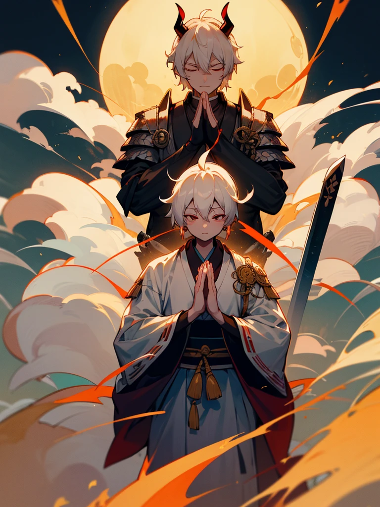 Buddha,Burning Eyes, horn, white short hair, black armor, tori ready, man, full moon, hands together in prayer, Zen meditation golden lion Chi Japanese sword demon vengeful spirit evil spirit Tai 後光 Fubuki