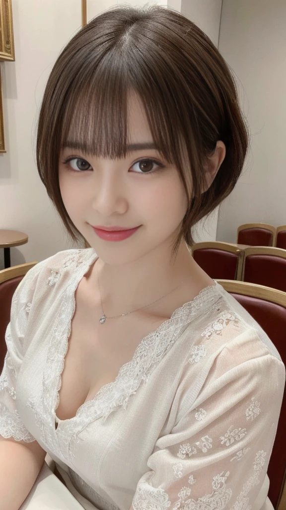 (1 young ultra Cute japanese girl,short silver hair,porcelain white skin,slender figure,lacy shirt,sitting in Italian cafe,drinking black tea,beautiful detailed eyes,long eyelashes,charming dropped eyes,lovely smiling lips,extremely detailed face without makeup:1.5),best quality,4k,8k,highres,masterpiece,ultra-detailed,realistic,photorealistic,photo-realistic,HDR,UHD,studio lighting,ultra-fine painting,sharp focus,physically-based rendering,extreme detail description,professional,vivid colors,bokeh,portraits,soft pastel colors,natural lighting,cinematic composition