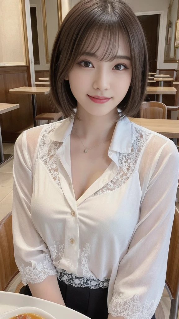 (1 young ultra Cute japanese girl,short silver hair,porcelain white skin,slender figure,lacy shirt,sitting in Italian cafe,drinking black tea,beautiful detailed eyes,long eyelashes,charming dropped eyes,lovely smiling lips,extremely detailed face without makeup:1.5),best quality,4k,8k,highres,masterpiece,ultra-detailed,realistic,photorealistic,photo-realistic,HDR,UHD,studio lighting,ultra-fine painting,sharp focus,physically-based rendering,extreme detail description,professional,vivid colors,bokeh,portraits,soft pastel colors,natural lighting,cinematic composition