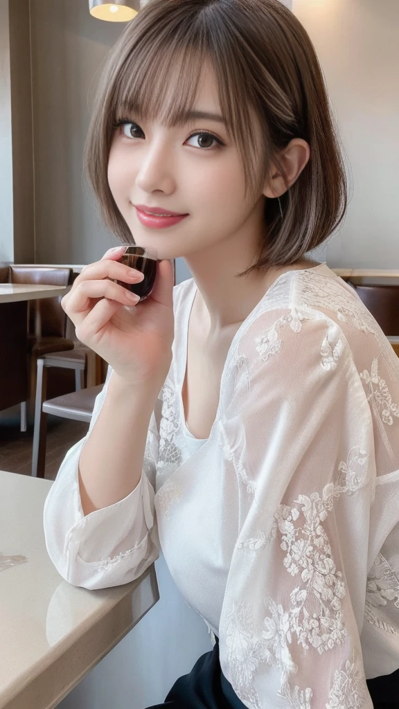 (1 young ultra Cute japanese girl,short silver hair,porcelain white skin,slender figure,lacy shirt,sitting in Italian cafe,drinking black tea,beautiful detailed eyes,long eyelashes,charming dropped eyes,lovely smiling lips,extremely detailed face without makeup:1.5),best quality,4k,8k,highres,masterpiece,ultra-detailed,realistic,photorealistic,photo-realistic,HDR,UHD,studio lighting,ultra-fine painting,sharp focus,physically-based rendering,extreme detail description,professional,vivid colors,bokeh,portraits,soft pastel colors,natural lighting,cinematic composition