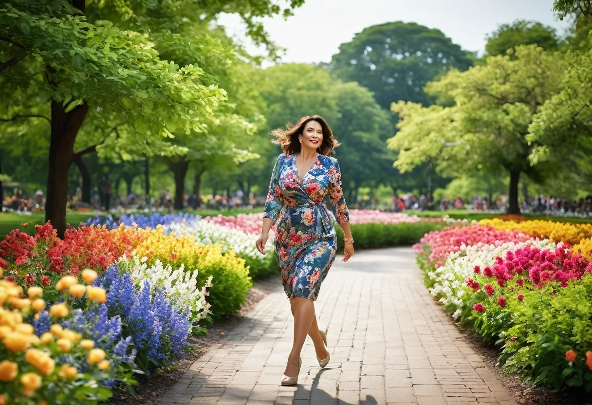 A timeless beauty, a 40-year-old woman, gracefully strides through a picturesque park. Her outfit, tastefully chosen, accentuates her stunning physique, particularly her captivating curves. Surrounded by blooming flowers and vibrant foliage, she exudes an aura of elegance and vitality, making every passerby pause in admiration.