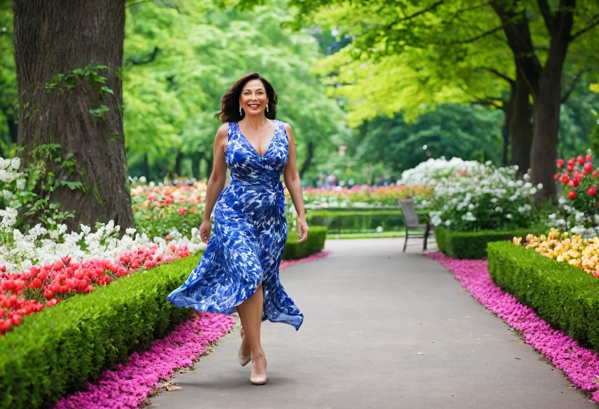 A timeless beauty, a 40-year-old woman, gracefully strides through a picturesque park. Her outfit, tastefully chosen, accentuates her stunning physique, particularly her captivating curves. Surrounded by blooming flowers and vibrant foliage, she exudes an aura of elegance and vitality, making every passerby pause in admiration.