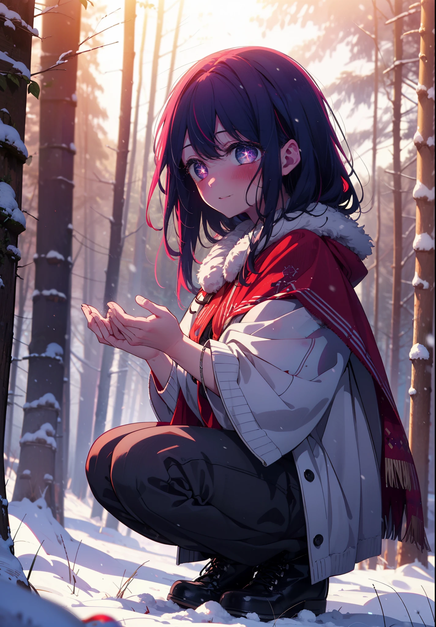 aihoshino, Ai Hoshino, Long Hair, bangs, (Purple eyes:1.1), Purple Hair, (Symbol-shaped pupil:1.5), smile,,smile,blush,white breath,
Open your mouth,snow,Ground bonfire, Outdoor, boots, snowing, From the side, wood, suitcase, Cape, Blurred, , forest, White handbag, nature, Squat, Mouth closed, Cape, winter, Written boundary depth, Black shoes, red Cape break looking at viewer, Upper Body, whole body, break Outdoor, forest, nature, break (masterpiece:1.2), Highest quality, High resolution, unity 8k wallpaper, (shape:0.8), (Beautiful and beautiful eyes:1.6), Highly detailed face, Perfect lighting, Highly detailed CG, (Perfect hands, Perfect Anatomy),