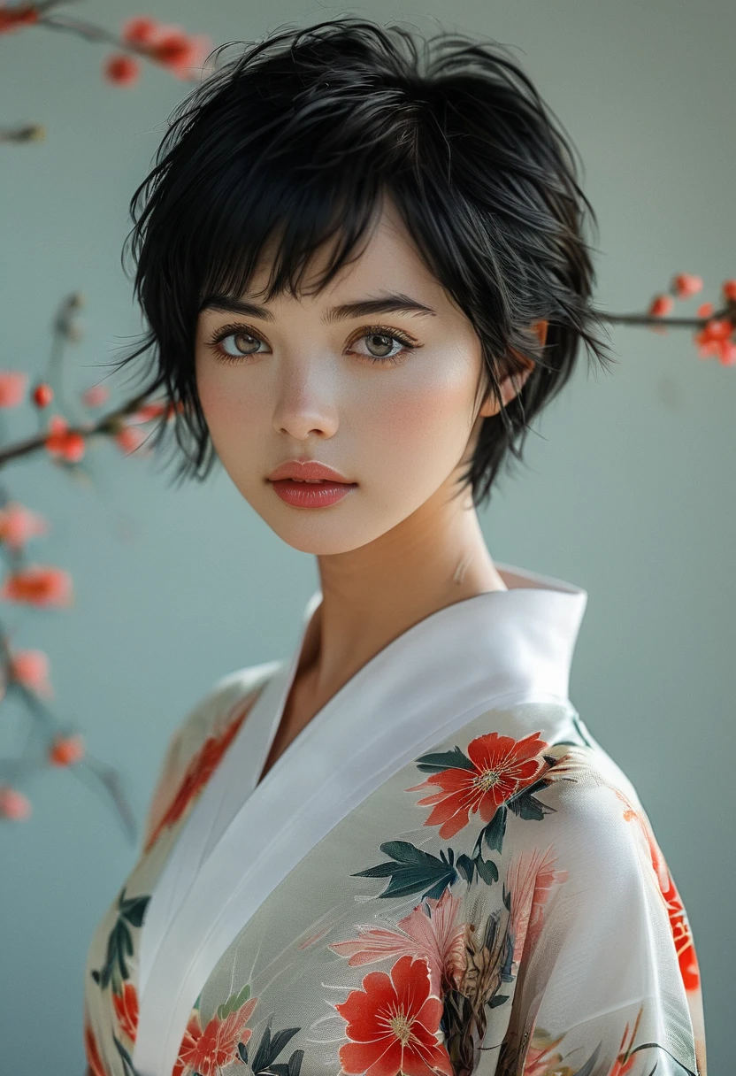 1girl in, age22, Solo, short black hair, looking at the camera, o-face, translucent white fairly skin, skinny face, black hair, full body, (extremely detailed 8k wallpaper), soft lighting, high quality, film grain, Fujifilm XT3 sharp focus, f 5.6, 50mm, High Detail, Sharp focus, (natural light), (seductive), realistic, sexy, ((Detail eye)), ((Eye: 1.2), ((Kimono)), (breast: 1.2)