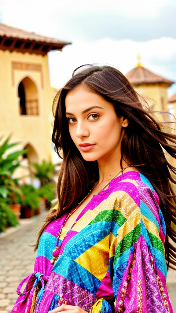 Romanian girl, 27 years, model, beauty, light skin, long hair, background is bazaar, colorful dress, sexy woman, beautiful eyes, very very sexy 