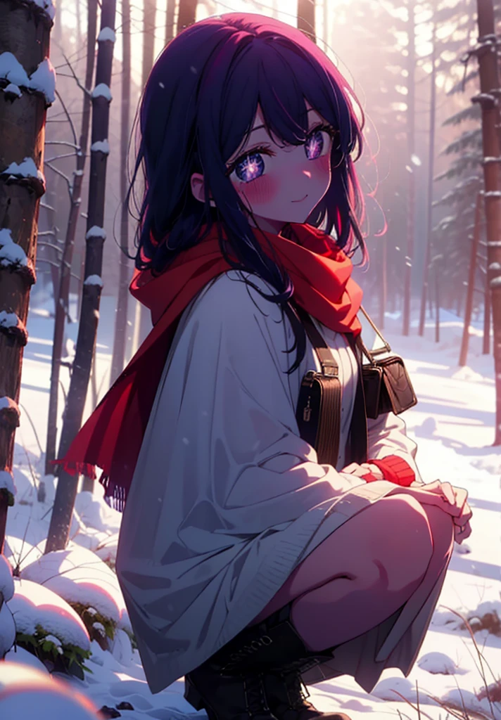 aihoshino, Ai Hoshino, Long Hair, bangs, (Purple eyes:1.1), Purple Hair, (Symbol-shaped pupil:1.5), smile,,smile,blush,white breath,
Open your mouth,snow,Ground bonfire, Outdoor, boots, snowing, From the side, wood, suitcase, Cape, Blurred, , forest, White handbag, nature,  Squat, Mouth closed, Cape, winter, Written boundary depth, Black shoes, red Cape break looking at viewer, Upper Body, whole body, break Outdoor, forest, nature, break (masterpiece:1.2), Highest quality, High resolution, unity 8k wallpaper, (shape:0.8), (Beautiful and beautiful eyes:1.6), Highly detailed face, Perfect lighting, Highly detailed CG, (Perfect hands, Perfect Anatomy),