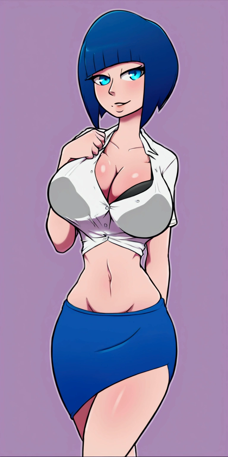 A sexy girl beautiful beautiful big breast attractive bright blue hair cut round her blue eye wears white shirt under bra shows navel and a long blue skirt 