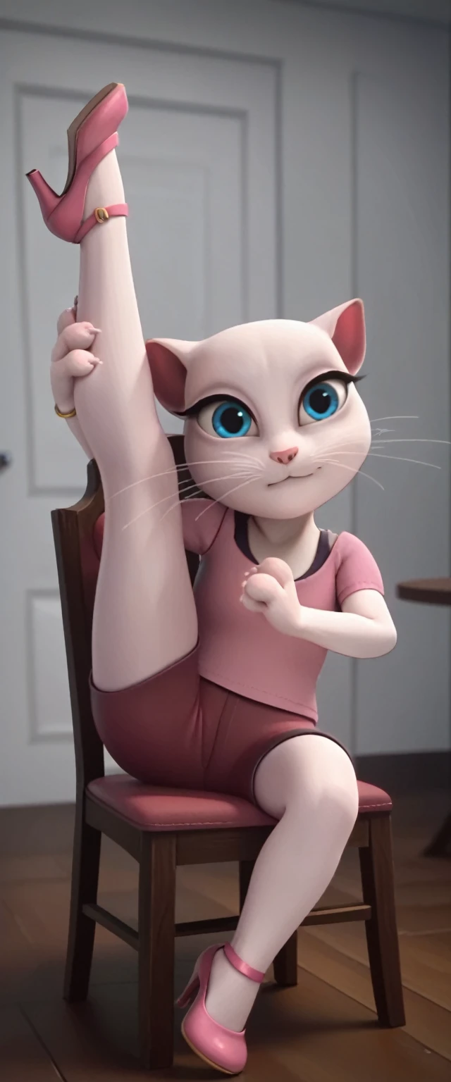 1 girl, cat, white fur, long whiskers on both sides of the face, large bright blue eyes, large black eyelashes, small pink nose, triangular ears with pink channels.     There are high heels.  front view woman with legs up, holding own legs, twin tails, sitting on chair own hands holding legs, folded, flexible, legs up, cat tail turned inward