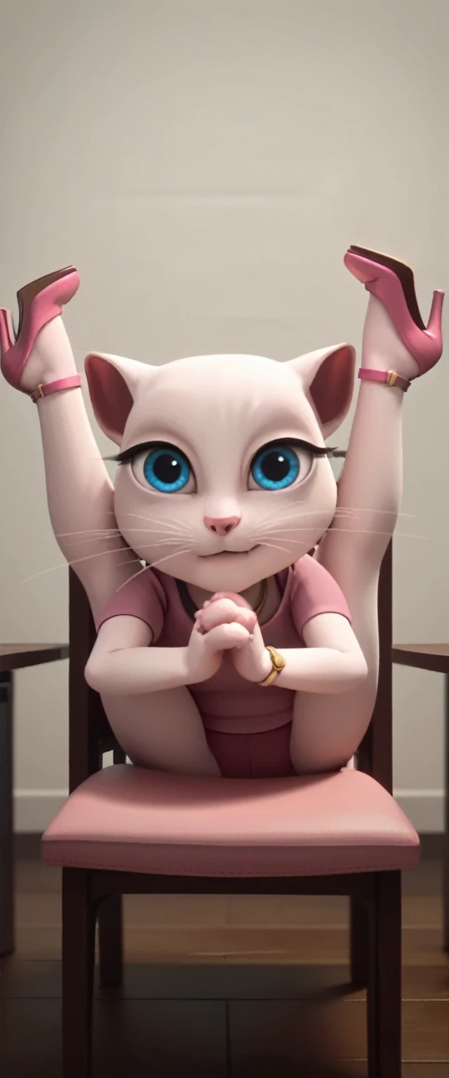1 girl, cat, white fur, long whiskers on both sides of the face, large bright blue eyes, large black eyelashes, small pink nose, triangular ears with pink channels.     There are high heels.  front view woman with legs up, holding own legs, twin tails, sitting on chair own hands holding legs, folded, flexible, legs up, cat tail turned inward