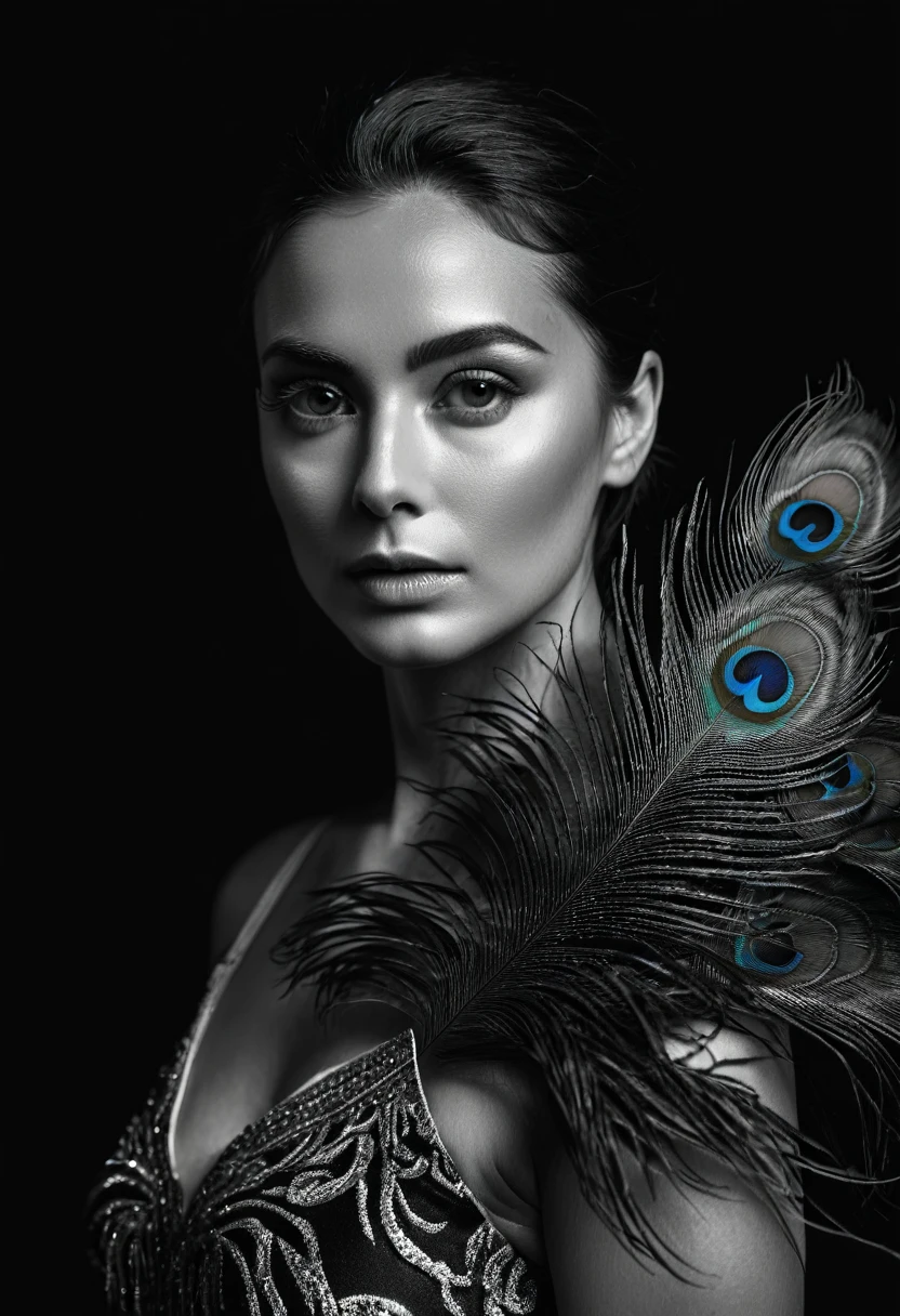 black and white, ultra clear raw photo of woman with a peacock feather, close up, dark background