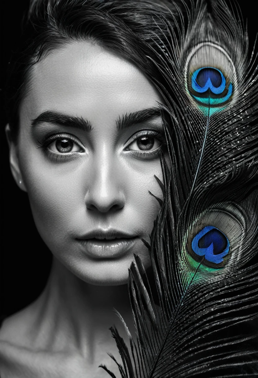 black and white, ultra clear raw photo of woman with a peacock feather, close up, dark background