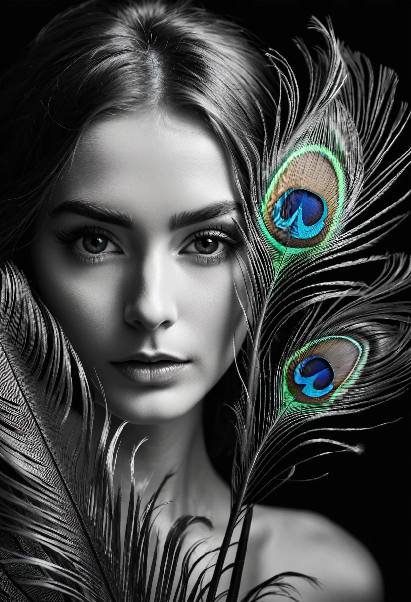 black and white, ultra clear raw photo of woman with a peacock feather, close up, dark background