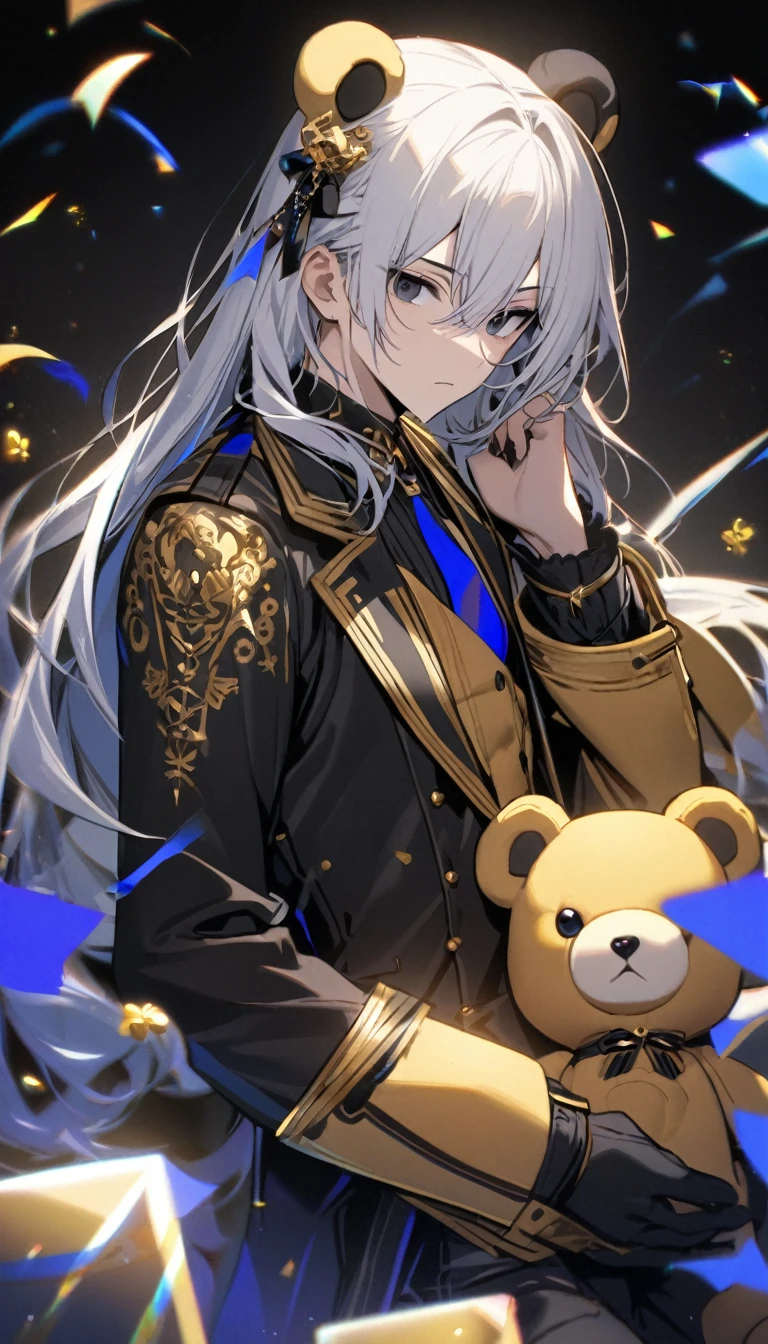 1boy , one side blue one side black eyes , white medium long hair , one black teddy bear , one golden teddy bear 