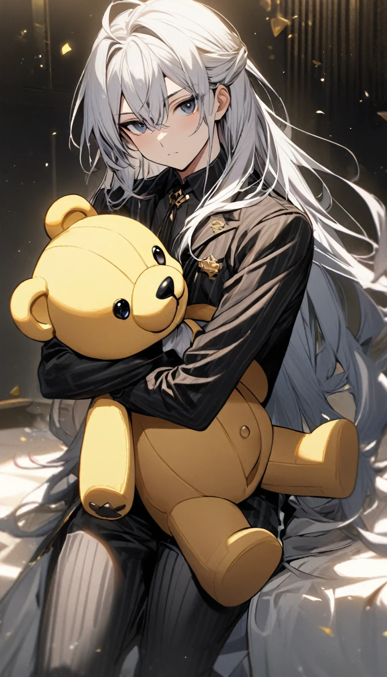1boy , one side blue one side black eyes , white medium long hair , one black teddy bear , one golden teddy bear