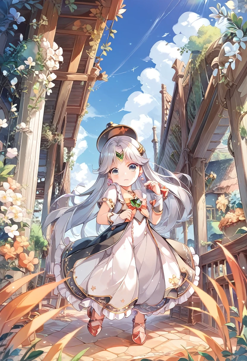 Silver Hair、Magical girl、Black and white clothes、Wearing a hat、Frilled dress、shoes、Outside background