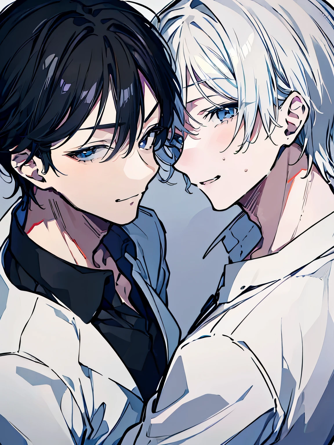 (Mastepiece), (Best Quality), Very detailed, ((Two men intimate)), Perfect Face, Beautiful Face, Very detailed顔，(One black-haired man:1.3)，(One white-haired man:1.3)，shirt、smile