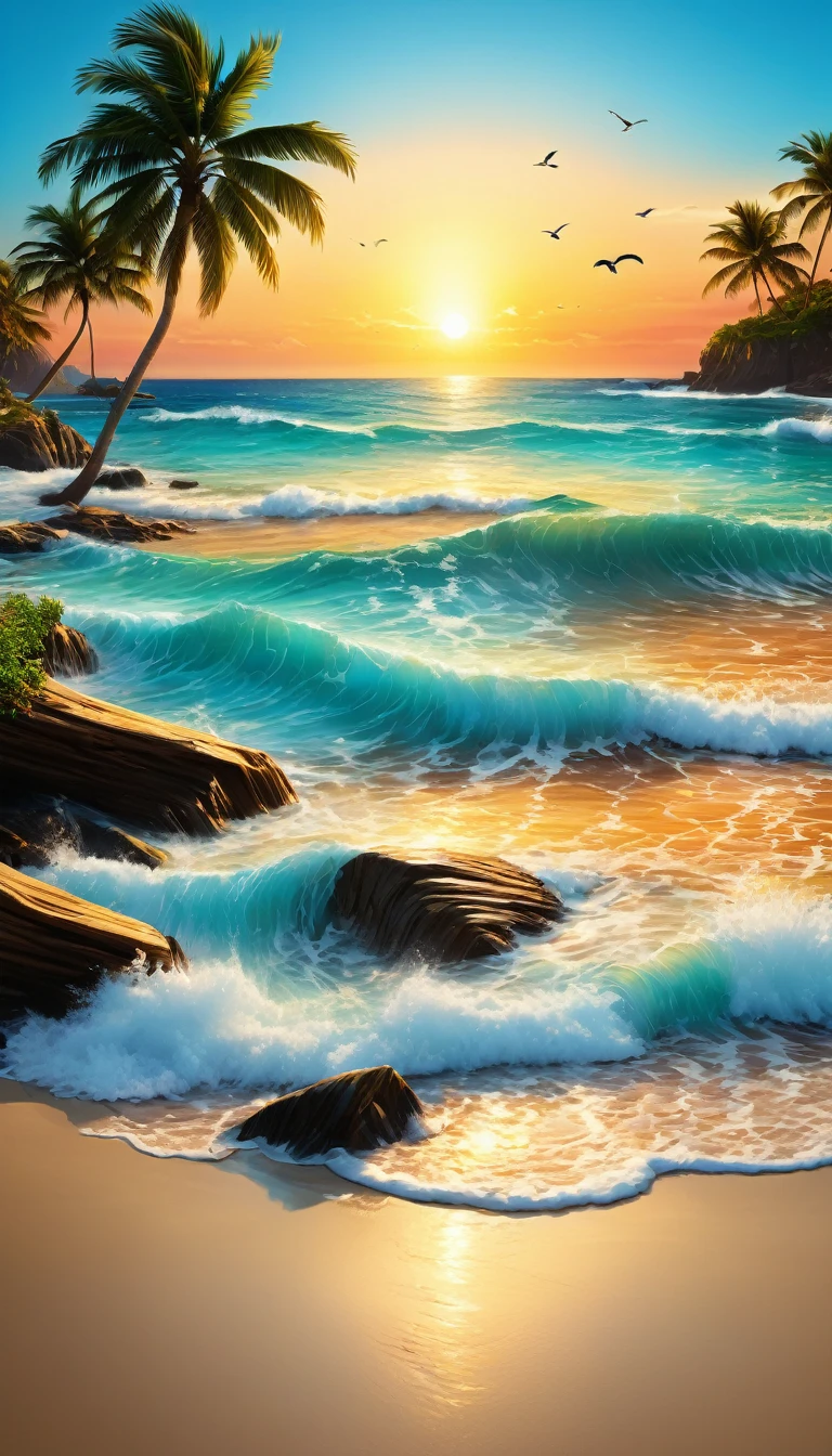 detailed ocean scenery, beautiful waves crashing on the shore, golden sunset over the sea, seabirds flying in the sky, sandy beach with driftwood, lush tropical plants and palm trees, crystal clear turquoise water, atmospheric lighting, photorealistic, highly detailed, vivid colors, cinematic composition, masterpiece
