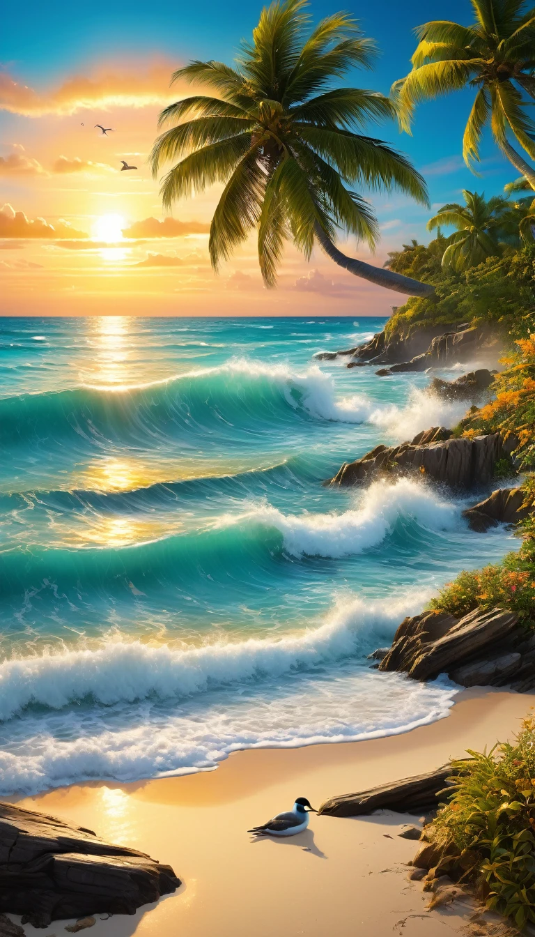 detailed ocean scenery, beautiful waves crashing on the shore, golden sunset over the sea, seabirds flying in the sky, sandy beach with driftwood, lush tropical plants and palm trees, crystal clear turquoise water, atmospheric lighting, photorealistic, highly detailed, vivid colors, cinematic composition, masterpiece