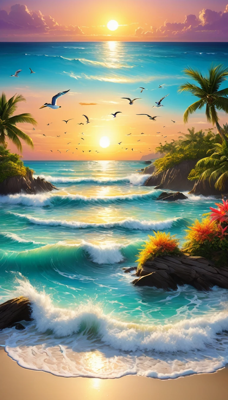 detailed ocean scenery, beautiful waves crashing on the shore, golden sunset over the sea, seabirds flying in the sky, sandy beach with driftwood, lush tropical plants and palm trees, crystal clear turquoise water, atmospheric lighting, photorealistic, highly detailed, vivid colors, cinematic composition, masterpiece