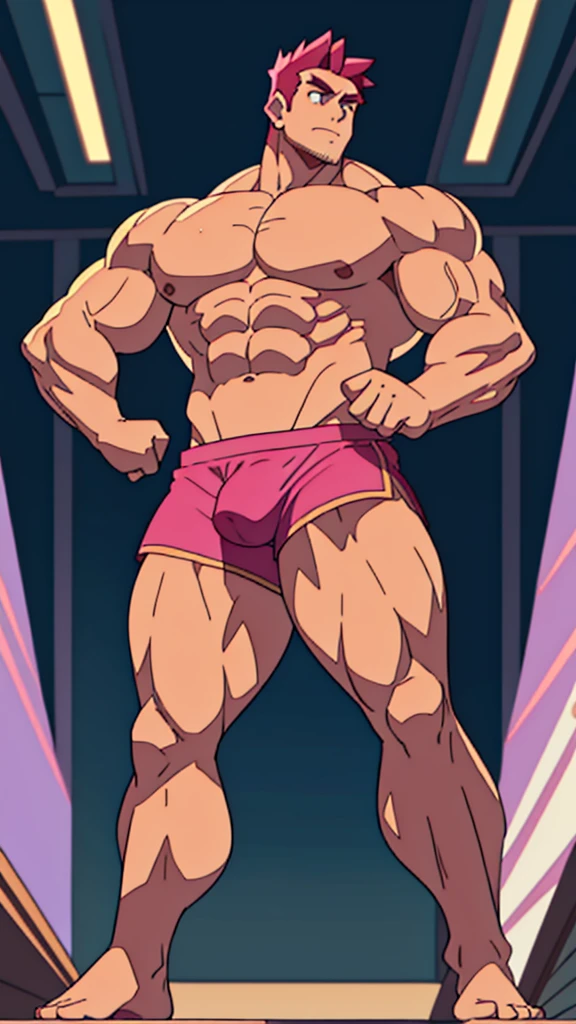 Dissemination,Wearing pink shorts,Eyes look at the audience,Standing in an indoor gym,Hands on thighs,Expose shoulders and arms,Short straight hair,Chest muscle expansion,Ultra-low angle view,Bottom-up perspective,Thick leg hair,Wear white stockings,No shoes,(muscular),Broad shoulders,Muscles protrude a lot,Highest image quality,Look at it from a low angle ,Chest muscle expansion,((Muscle bulge)),muscular and bulky, muscular characters, Great and cool, tall and muscular, muscular!!, Very strong, muscular, men, Huge muscles, Big Muscle, Muscle Man, Anime handsome man, muscular!, Huge muscles, muscular bodies , bonito rosto young, Huge pectoral muscles,Huge body, High-intensity training keeps your body fit, muscular, 8 Pack Abs,Thick Legs,The character is a burly man,The overall picture highlights his well-developed shoulders and pectoralis major muscles, Muscular,Clothes show shoulders,Clean face,Lift his head,Keep your eyes open,