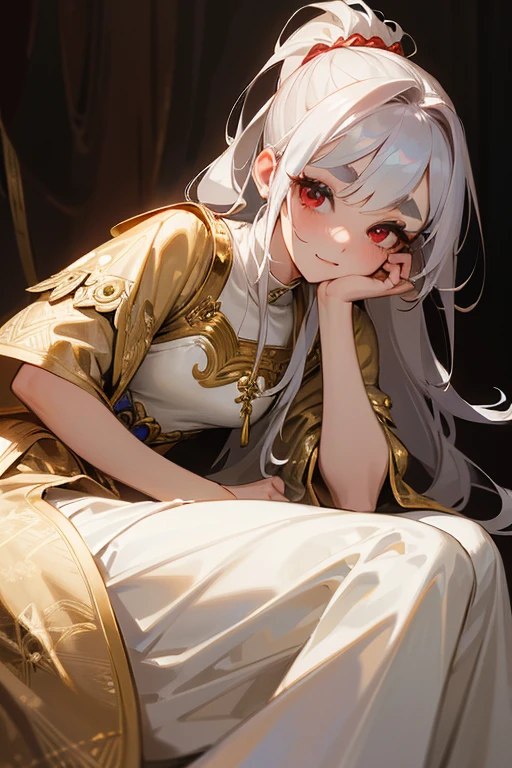 (Highest quality, masterpiece:1.2), High resolution, Very detailed, Realistic:1.37, Fantasy, An illustration, Hair is whiteいです、Red eyes、Queen, White Dress.Platinum decoration、beautifully、Eyeshadow Red、Thick eyebrows、Long eyelashes、pupils are black、Hair is whiteい、Kissing Face、(Embarrassing).loved、ponytail、(Hair is white).((Gold decoration)).((Laugh gently))、((Breastless dresses)).