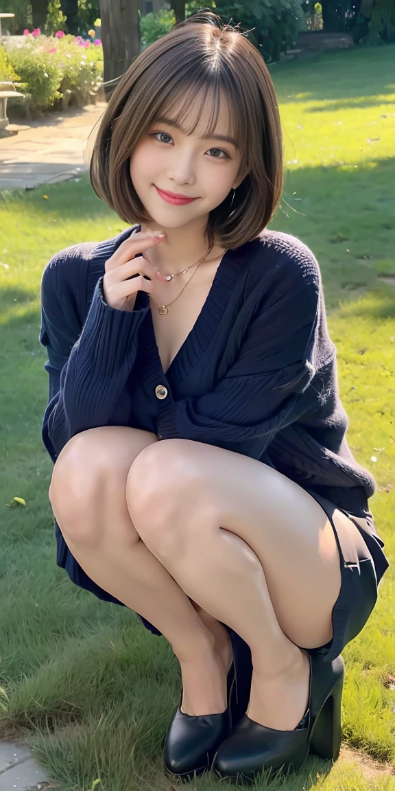 Highest quality, masterpiece, High resolution, original, One Girl, Light honey-colored straight hair with outward curls, The most beautiful 15 year old girl in the world, Young body shape, childish expression, Beautiful light brown eyes, Big double eyelid eyes, Glossy Lips, Round face, eyeliner, , Please tilt your head a little, shirt, button３out of place, Peeking into the chest, The chest is exposed, Small breasts, Small breasts, In an empty park, Cute light blue mini skirt, You can see her white panties, A glimpse of white panties, Squatting in pumps, Snow-white skin, Glowing Skin and Bright Cheeks, Small breasts, A shy smile, Beautiful thighs, Low Angle, Accentuate your thighs, Thighs become dew, 