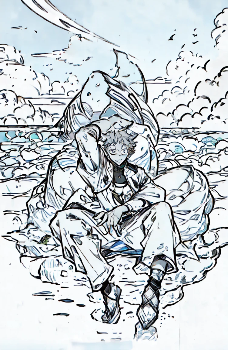highest  quality, 8K, image high resolution, Detailed strokes, beach, sunrise, sun, morning,  summer, leaning on one of the posts, teenager, Yuji Itadori, Dark Pink Hair, speedo, no pants, police jacket , slightly unbuttoned jacket showing a bit of his chest, male, (Bottom Angle), (Face Close), defined legs, defined arms, defined abdomen, with the shirt, speedo, underwear, male underwear