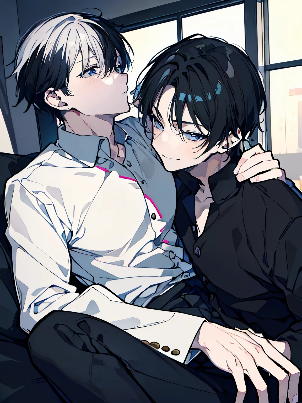 (Mastepiece), (Best Quality), Very detailed, ((Two men intimate)), Perfect Face, Beautiful Face, Very detailed顔，(One black-haired man:1.3)，(One white-haired man:1.3)，shirt、smile