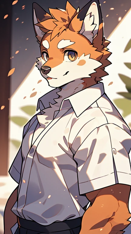 work of art,offcial art,velues,mascle,shota,Anthropomorphic orange fox,brown face,exquisite eyes,white shirt, Depth of field, perfect lighting, light particles,(best qualityer),(work of art),(super verbose),sharp focus,light particles, toned muscles