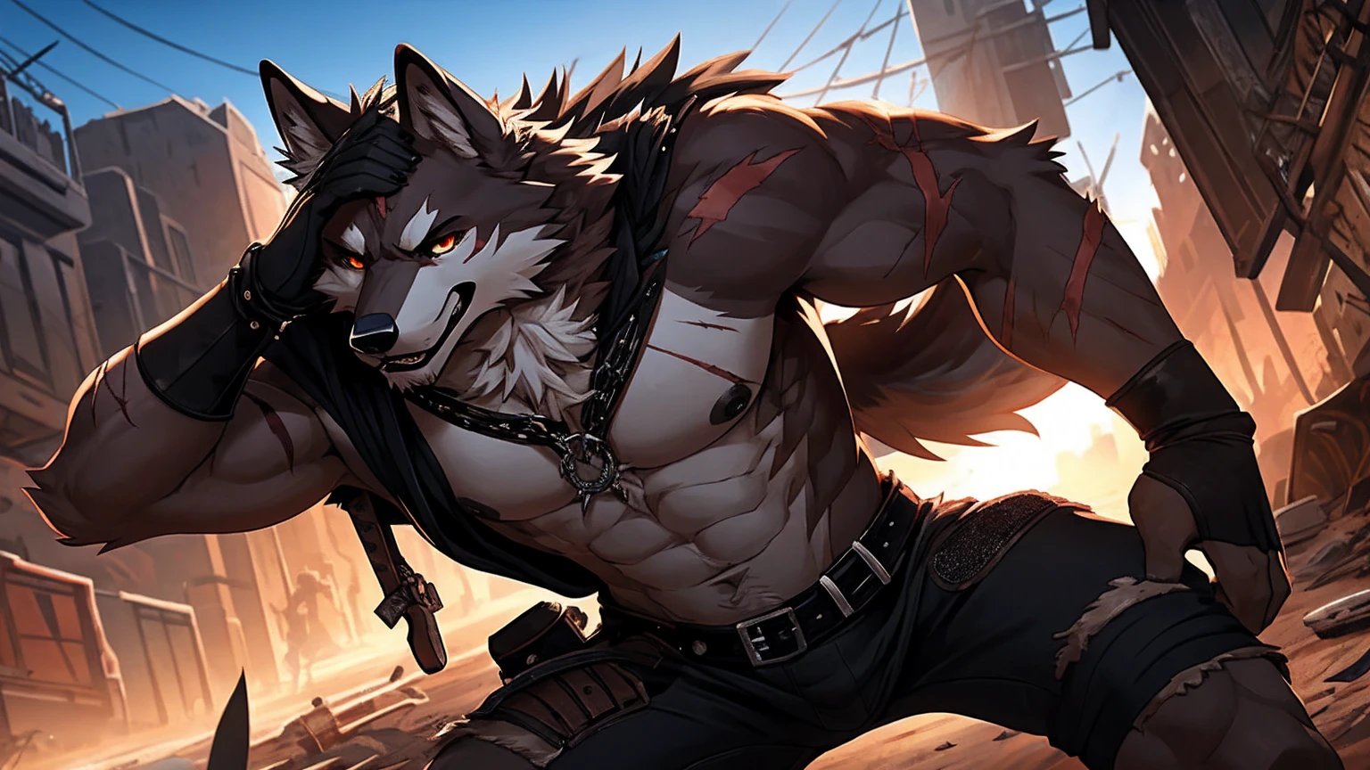 masterpieceы, fluffy, male, anthropomorphic, dark red wolf, Vein, slim build, tender eyes, Españolca, gray fur, White underbelly, shiny body, terrorist, Bandit, Punk, depth of field, perfect lighting, (Best quality),(masterpiece),(ultra detailed), sharp focus, Detailed wasteland background, shirtless, huge and juicy black nipples, fierce look, scars, black gloves, skinny black shorts