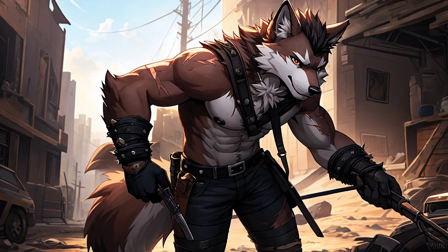 masterpieceы, fluffy, male, anthropomorphic, dark red wolf, Vein, slim build, tender eyes, Españolca, gray fur, White underbelly, shiny body, terrorist, Bandit, Punk, depth of field, perfect lighting, (Best quality),(masterpiece),(ultra detailed), sharp focus, Detailed wasteland background, shirtless, huge and juicy black nipples, fierce look, scars, black gloves, skinny black shorts