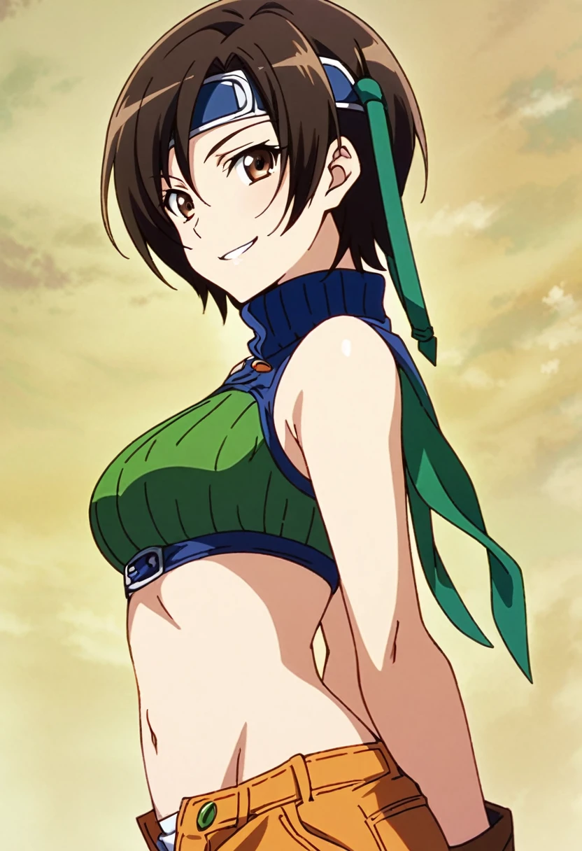 score_9, score_8_up, score_7_up,,BREAK source_anime, from side,side view,,arms behind back.upperbody,,looking_at_viewer,1girl, yuffie kisaragi, final fantasy, short hair,headband,navel,sleeveless,turtleneck,brown eyes,sleeveless turtleneck,solo,breasts,looking at viewer,smile,gloves,crop top,brown hair,shorts,midriff,,sweater,open fly,fingerless gloves,ribbed sweater,medium breasts,,smile,smug,(best quality),(aesthetic,very aesthetic),masterpiece,(high-resolution), (anime screenshot:0.5),(mid),(superior contrast.ultra sharp).