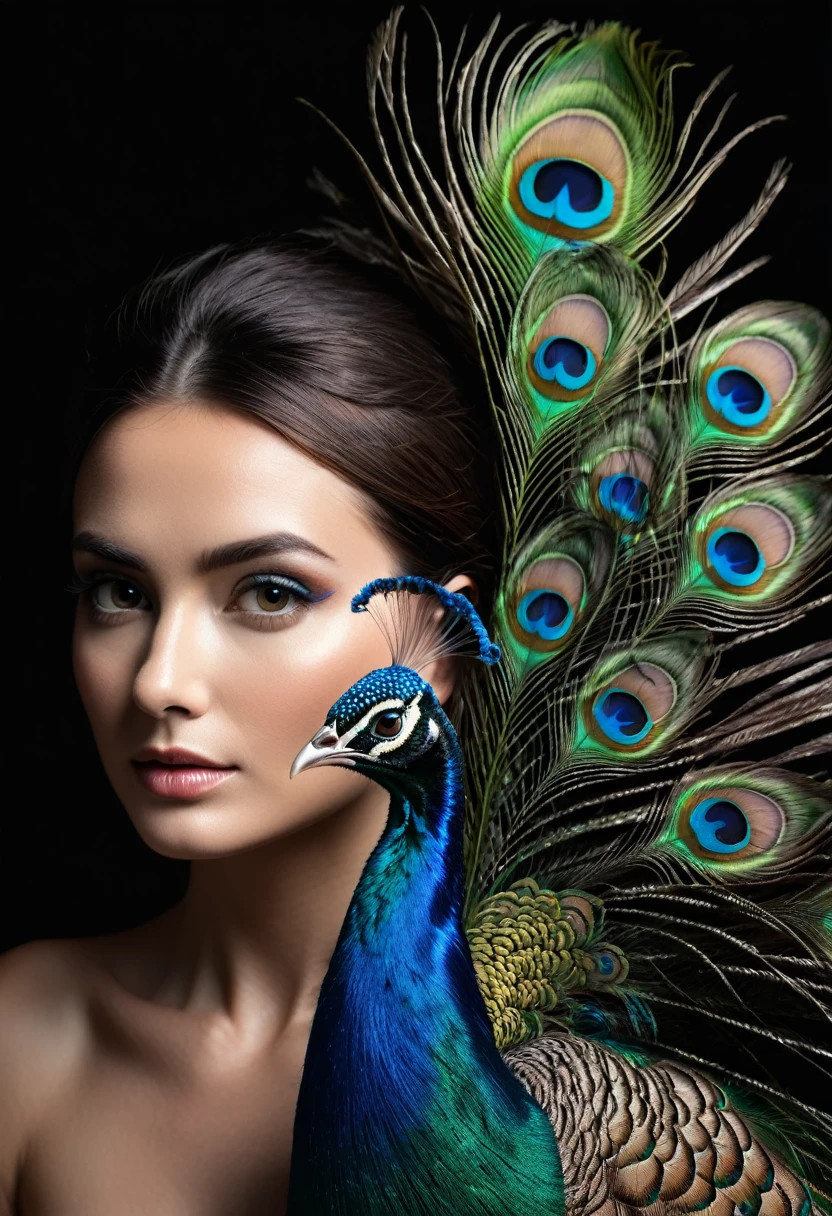 ultra clear raw photo of woman with a peacock feather, close up, dark background
