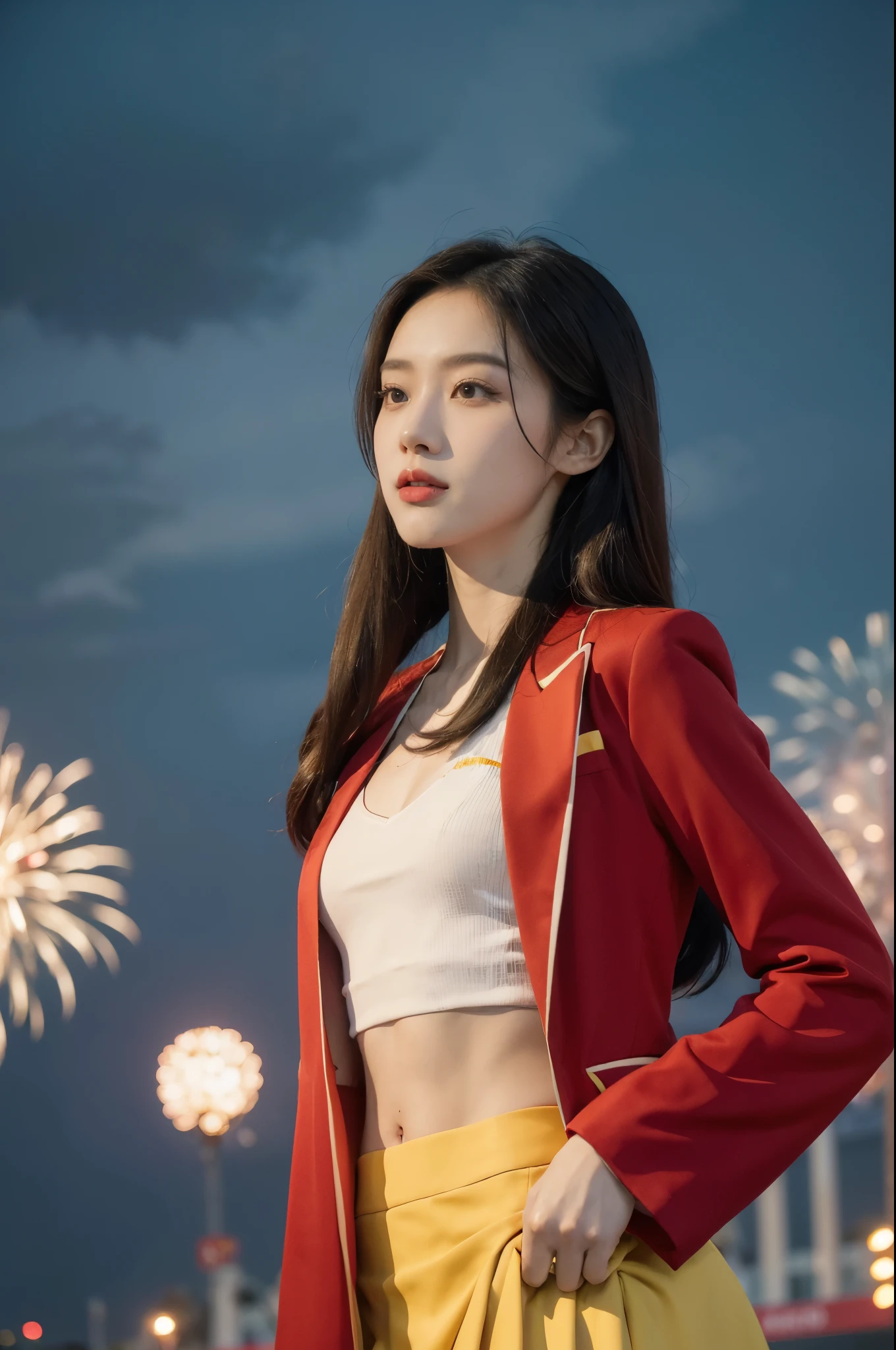 (((best quality))),(((ultra detailed))),(((masterpiece))),illustration, ((Olympic Opening Ceremony,in Paris,summer night,magnificent National stadium of France,Olympic flame, fireworks)),(crowded crowds of enthusiastic spectators:1.3),((a beautiful Chinese girl,solo)),((shoulder length straight hair:1.2)),((slim,thin)),((small breasts,flat chest)),(red blazer:1.5),(yellow skirt:1.2),(slender legs:1.2),excited expression, awe, celebrating, electric atmosphere, sense of pride, excitement, playing field, crowd energy, unity, camaraderie, representing China, historic event, memorable moment,((from front,upper body))