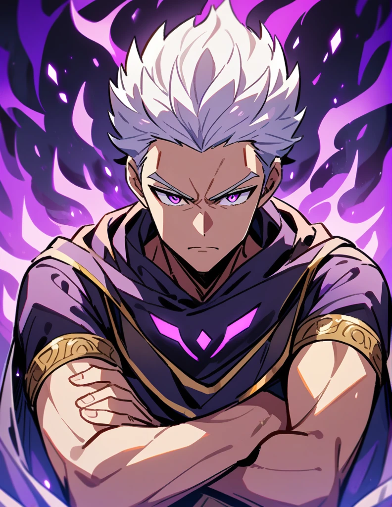 Greek boy with white hair, serious look, violet eyes, with one of his arms on fire, purple fire