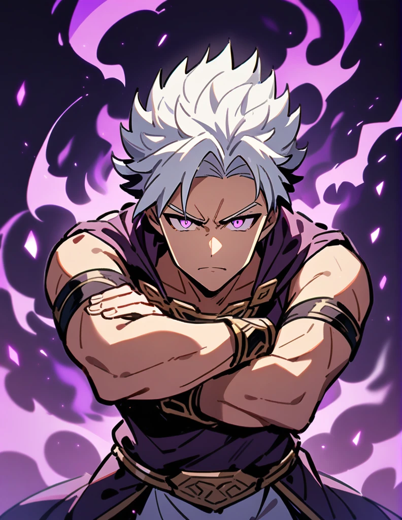 Greek boy with white hair, serious look, violet eyes, with one of his arms on fire, purple fire