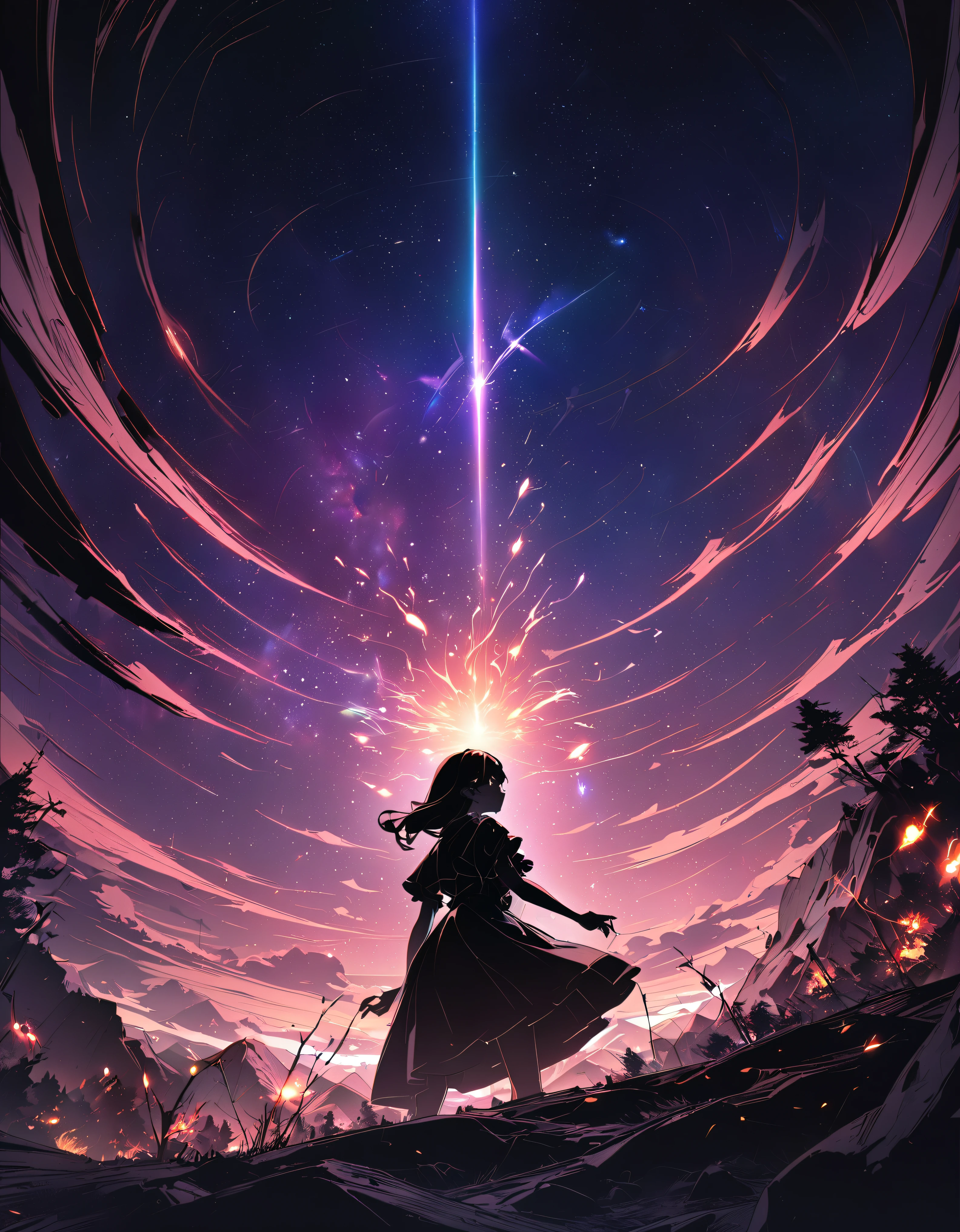 One girl, Beautiful and fine details, Long black hair, Pale purple eyes, Black Princess Dress, Glowing Skin, resolution, (Anime Style:1.6)High Contrast, ((Mastepiece, Highest quality))Vast landscape photography, (View from below with views of the sky and wilderness below), Girl looking up, (full moon: 1.2), (shooting star: 0.9), (nebula: 1.3), Distant Mountain, Treebreak Production Art, (Warm light source: 1.2), (fire Fly: 1.2), Purple and Black, Intricate details, Volumetric Lighting, Realism Break (Mastepiece: 1.2) (Highest quality), 4K, Super detailed, (Dynamic Configuration: 1.4), Extremely detailed and colorful, (Iridescent colors: 1.2), (Brilliant lighting, Ambient lighting), dream-like, Magic, (alone: 1.5)　Perfect Fingers
