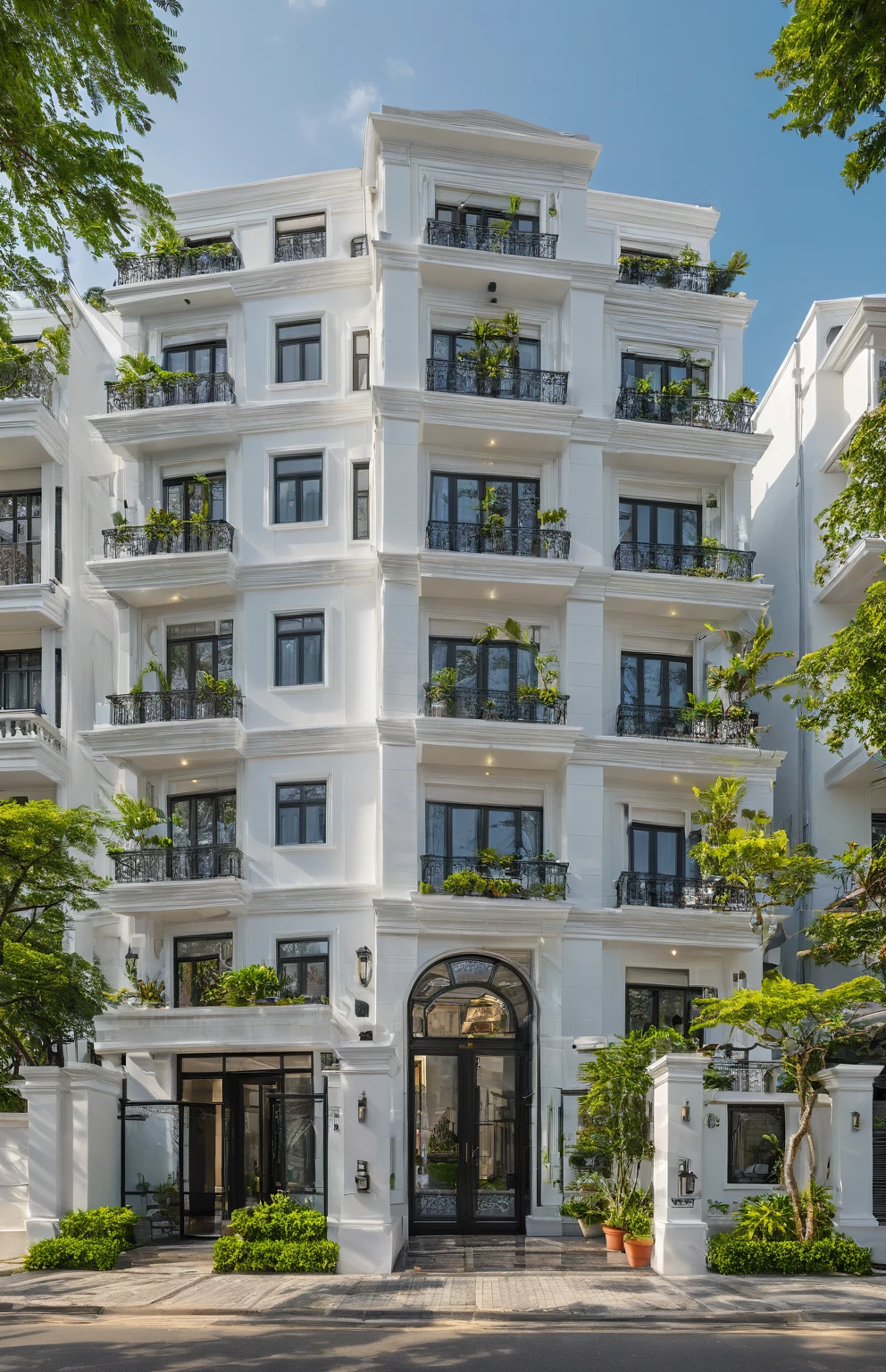 neo classical villa on street, (daylight), tropical tree, vivid colour, streetcapes, white tone, black detail, white wall, large glass door, warm interior lighting, best quality, masterpiece, ultra realistic