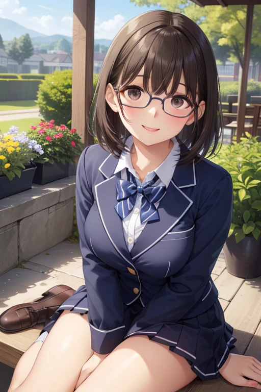 anegasaki nene、Shiny brown hair, short hair, (Beautiful brown eyes、Sparkling eyes, Fine grain)、smile、Super detailedな目、Highly detailed face, Highly detailed eyes,


(masterpiece:1.3, Highest quality), Ultra-high resolution, Super detailed, Beautiful illustrations, Perfect lighting, Natural light, colorful, Depth of written boundary, 
Beautiful detailed hair, Beautifully detailed face, Beautiful attention to detail, Beautiful clavicle, Beautiful body, Beautiful breasts, Beautiful thighs, Beautiful feet, Beautiful fingers, 
View your viewers, 1 girl, high school girl, Perfect Face, (Perfect Anatomy, Anatomically correct), Cute and symmetrical face, Baby Face, , Glowing Skin, 
Droopy eyes, Big eyes, Long eyelashes, (Medium chest), thin, 
(((navy) blazer, White collared shirt, navy pleated skirt, Dark red bow tie)), navy school socks, (Blue frame) Glasses, 
(Beautiful views), evening, (garden, squirt), Are standing, Place your hands between your legs, (かわいらしいsmile, Open your mouth), 