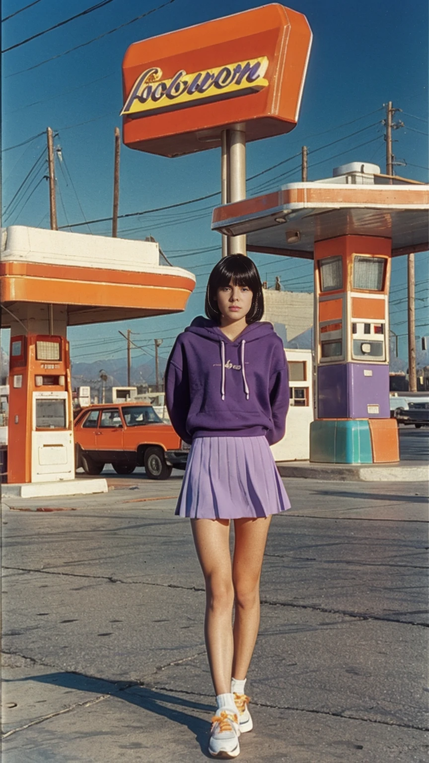 8K photo cinematic photograph long shot portraits by Wes Anderson, cute 23 yo girl ,fokus, bokeh ,wear ((orange color oversized_hoodie)), wear ((purple tennis skirt)),looking front,Best Quality,Masterpiece,Ultra High Resolution,(Realisticity:1.4),Original Photo, 1Girl, light leak,ultra high resolution,UHD,beautiful, (black bob hair), almond eye, no makeup, in front of ((80's colorful los angles gas station)), (realistic:1.2), (surreal:1.3), (very detailed:1.1), ((masterpiece)),summer, blue sky, palm trees,sunny, los angles vibes,film camera, 800mm lens,style of Philip Lorca diCorcia