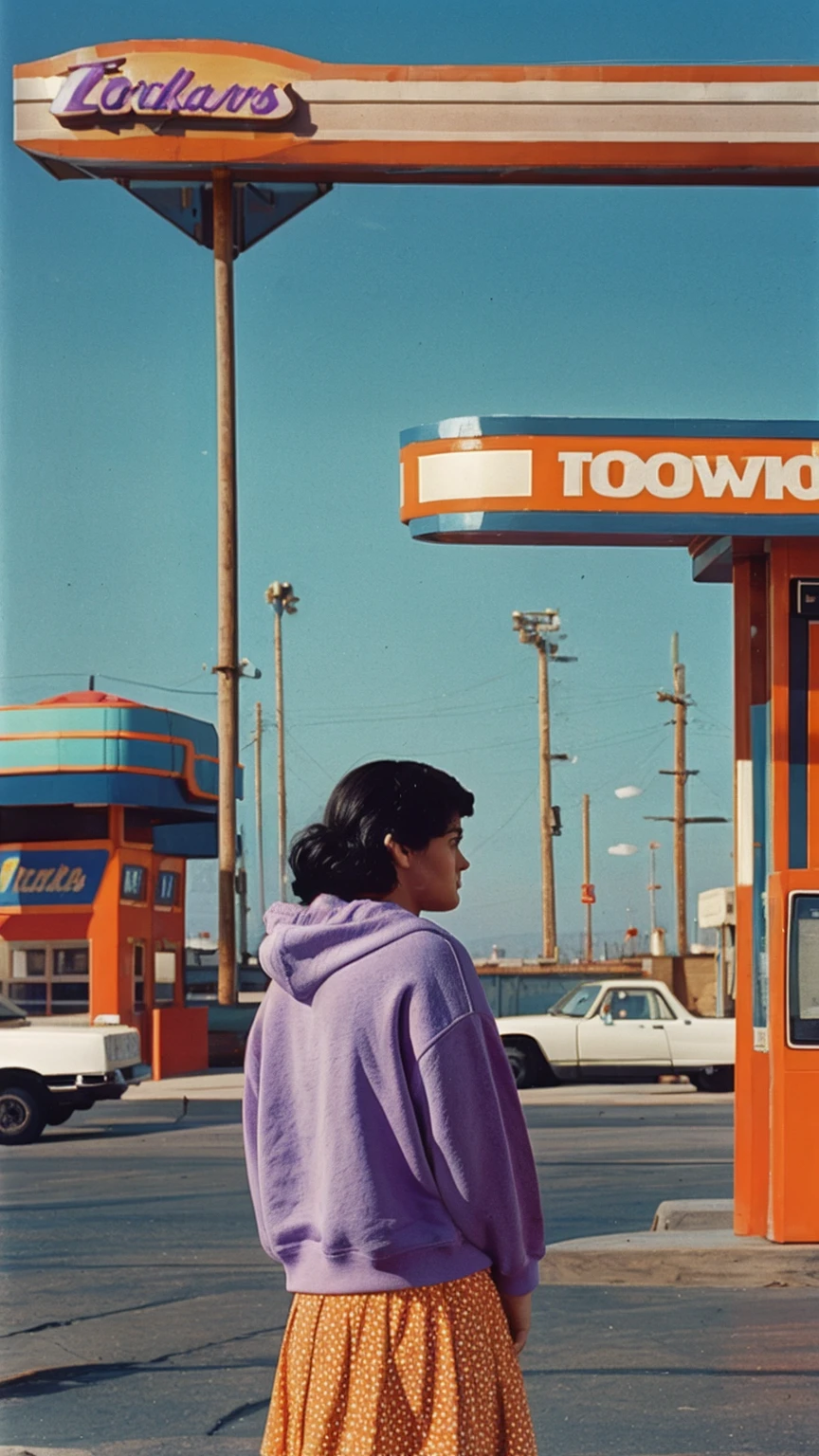 8K photo cinematic photograph long shot portraits by Wes Anderson, cute 23 yo girl ,fokus, bokeh ,wear ((orange color oversized_hoodie)), wear ((purple tennis skirt)),looking front,Best Quality,Masterpiece,Ultra High Resolution,(Realisticity:1.4),Original Photo, 1Girl, light leak,ultra high resolution,UHD,beautiful, (black bob hair), almond eye, no makeup, in front of ((80's colorful los angles gas station)), (realistic:1.2), (surreal:1.3), (very detailed:1.1), ((masterpiece)),summer, blue sky, palm trees,sunny, los angles vibes,film camera, 800mm lens,style of Philip Lorca diCorcia