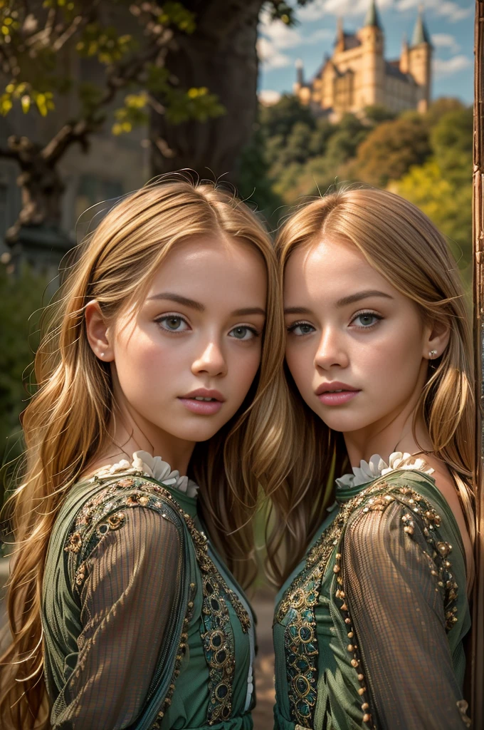 Masterpiece, (kristina Pimenova), a detailed half body shot of two beautiful 14 years old young girls standing in a lush green garden in front of a majestic castle, best friends, high detailed face, very thin face, beautiful face, high detailed eyes, skinny body, light brown hair, blonde hair, ginger hair, the castle's reflection perfectly mirrored in the calm waters of a lake, the girls gazing out at the serene scene, their expressions filled with wonder, extremely detailed faces, beautiful eyes, delicate features, long flowing hair, ornate dresses, intricate castle architecture, glowing sunset lighting, vibrant colors, photorealistic, (best quality,8k,highres,masterpiece:1.2),ultra-detailed,(realistic,photorealistic,photo-realistic:1.37), 2girls, castle, lake, reflection, garden, sunset, ornate, beautiful, detailed, serene, wonder, vibrant, 8K, ultra high res.photorealistic, UHD, RAW, DSLR, natural light