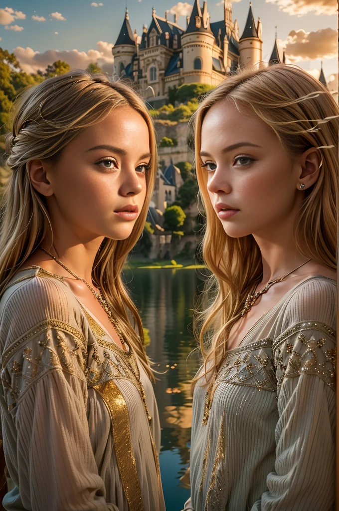 Masterpiece, (kristina Pimenova), a detailed half body shot of two beautiful 14 years old young girls standing in a lush green garden in front of a majestic castle, best friends, high detailed face, very thin face, beautiful face, high detailed eyes, skinny body, light brown hair, blonde hair, ginger hair, the castle's reflection perfectly mirrored in the calm waters of a lake, the girls gazing out at the serene scene, their expressions filled with wonder, extremely detailed faces, beautiful eyes, delicate features, long flowing hair, ornate dresses, intricate castle architecture, glowing sunset lighting, vibrant colors, photorealistic, (best quality,8k,highres,masterpiece:1.2),ultra-detailed,(realistic,photorealistic,photo-realistic:1.37), 2girls, castle, lake, reflection, garden, sunset, ornate, beautiful, detailed, serene, wonder, vibrant, 8K, ultra high res.photorealistic, UHD, RAW, DSLR, natural light